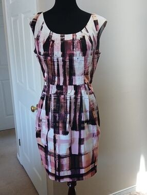 ❤️3@25 Cotton Blend Maggy London Pink, Black and White Brushstroke Midi Dress